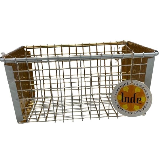 Wire Basket Gold & White 9.5”x7”x5” NEW! - Picture 1 of 4